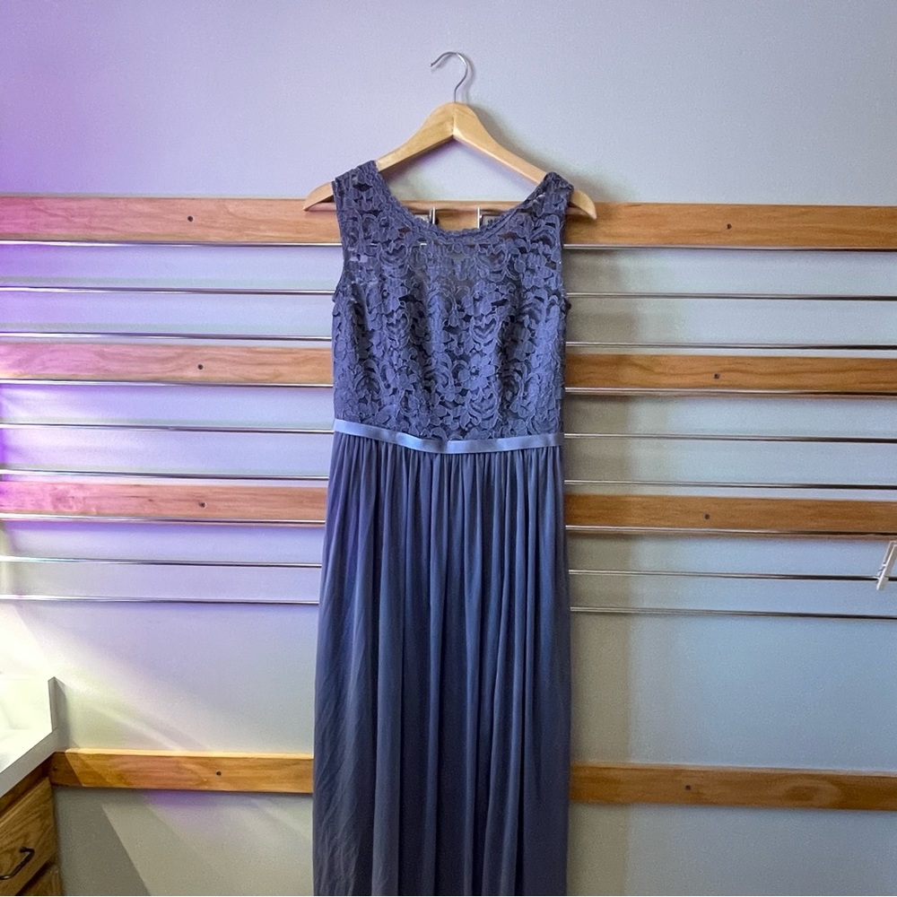 DAVID’S BRIDAL lace bridesmaid dress with long mesh skirt